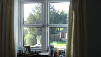 white window looking out to garden